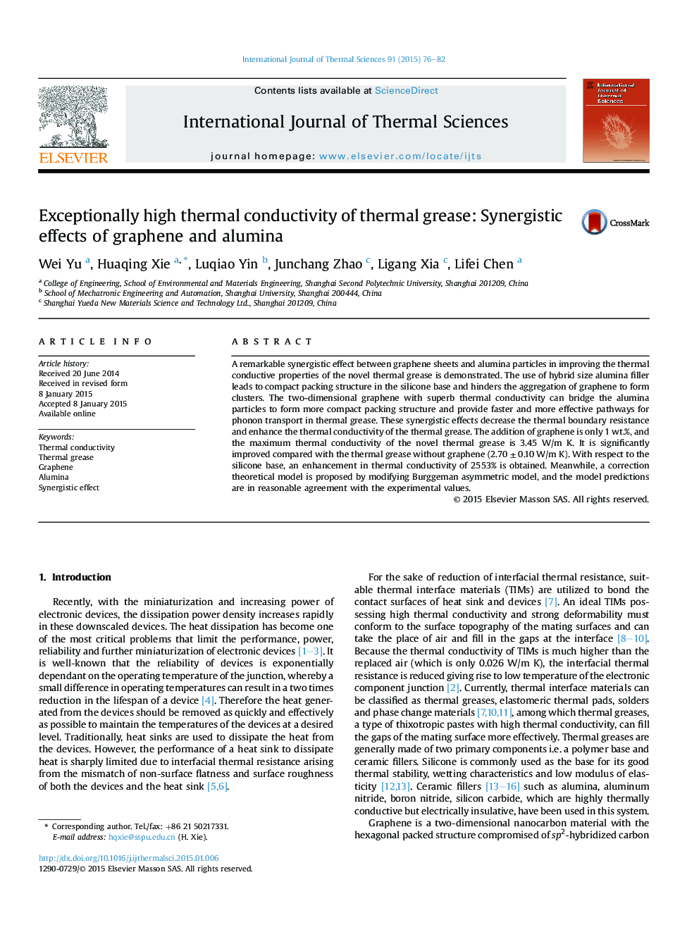 Exceptionally high thermal conductivity of thermal grease: Synergistic effects of graphene and alumina