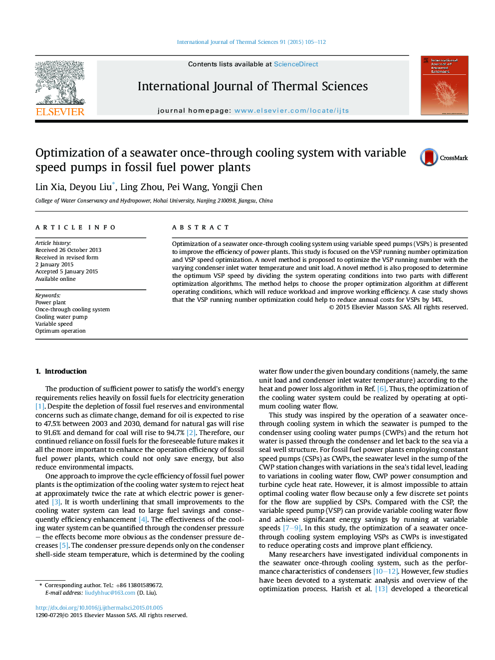 Optimization of a seawater once-through cooling system with variable speed pumps in fossil fuel power plants