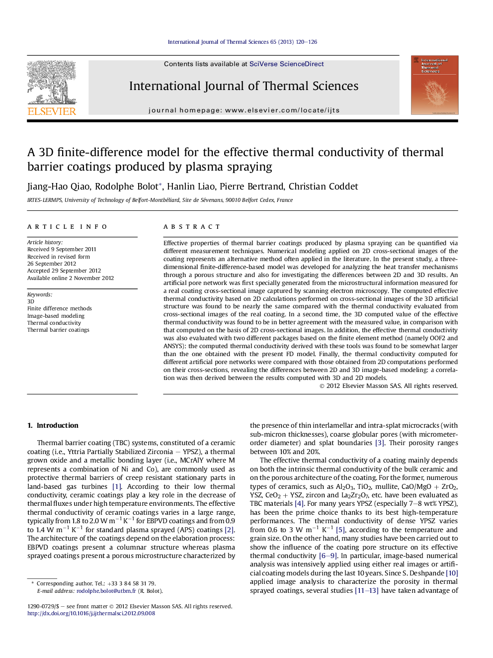 A 3D finite-difference model for the effective thermal conductivity of thermal barrier coatings produced by plasma spraying