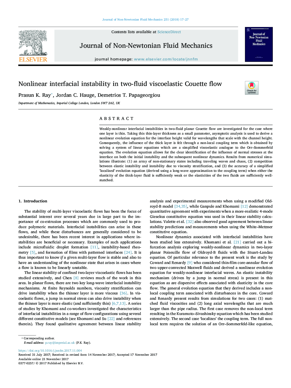 Nonlinear interfacial instability in two-fluid viscoelastic Couette flow