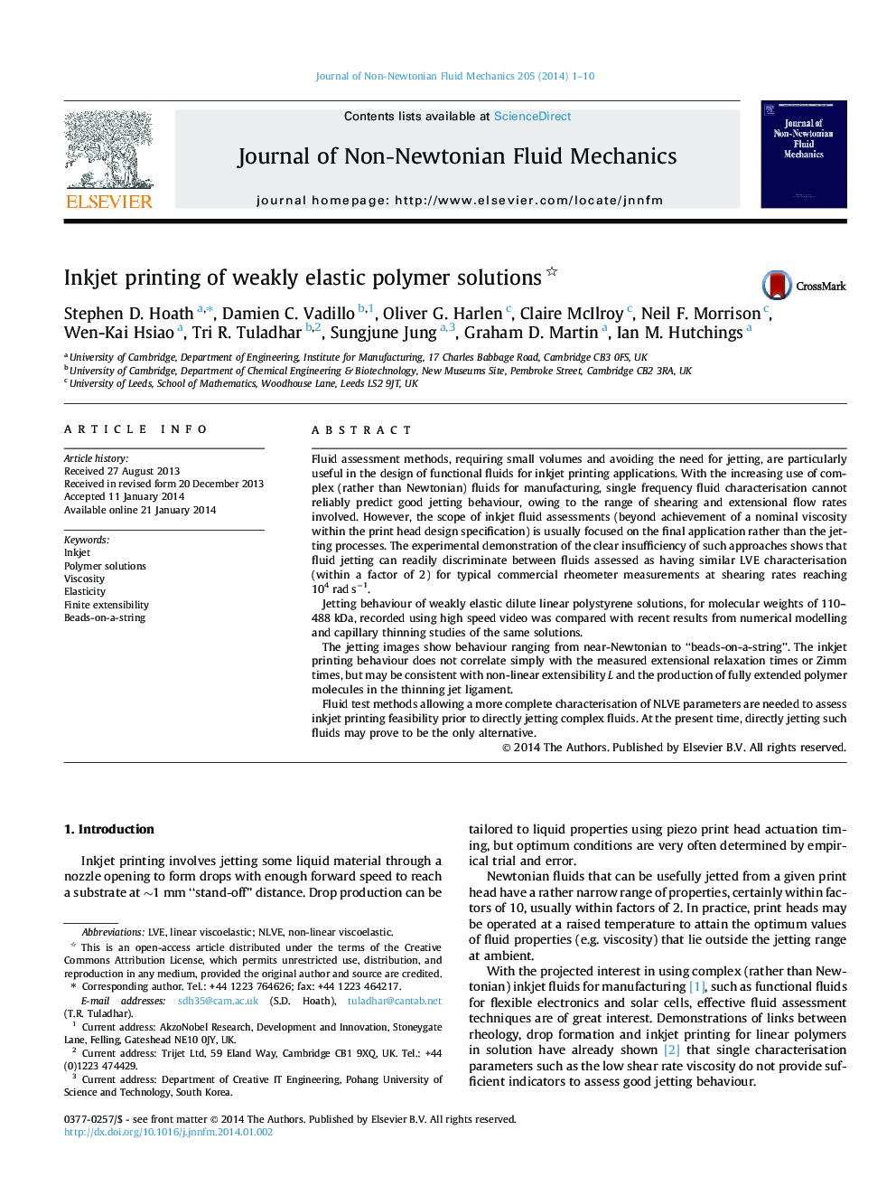 Inkjet printing of weakly elastic polymer solutions