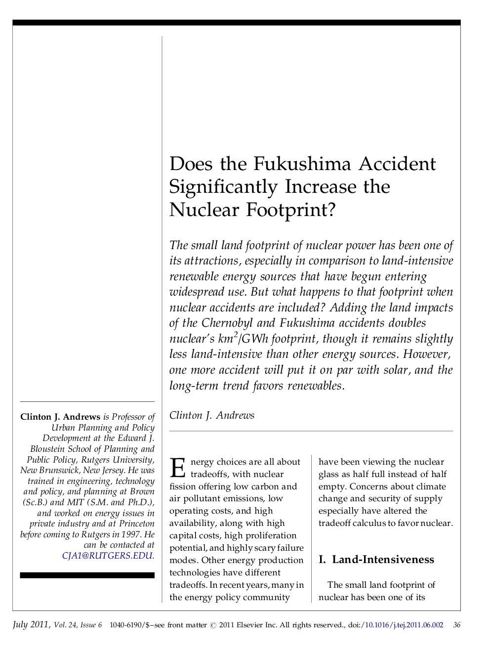 عکس صفحه اول مقاله: Does the Fukushima Accident Significantly Increase the Nuclear Footprint? Does the Fukushima Accident Significantly Increase the Nuclear Footprint?
