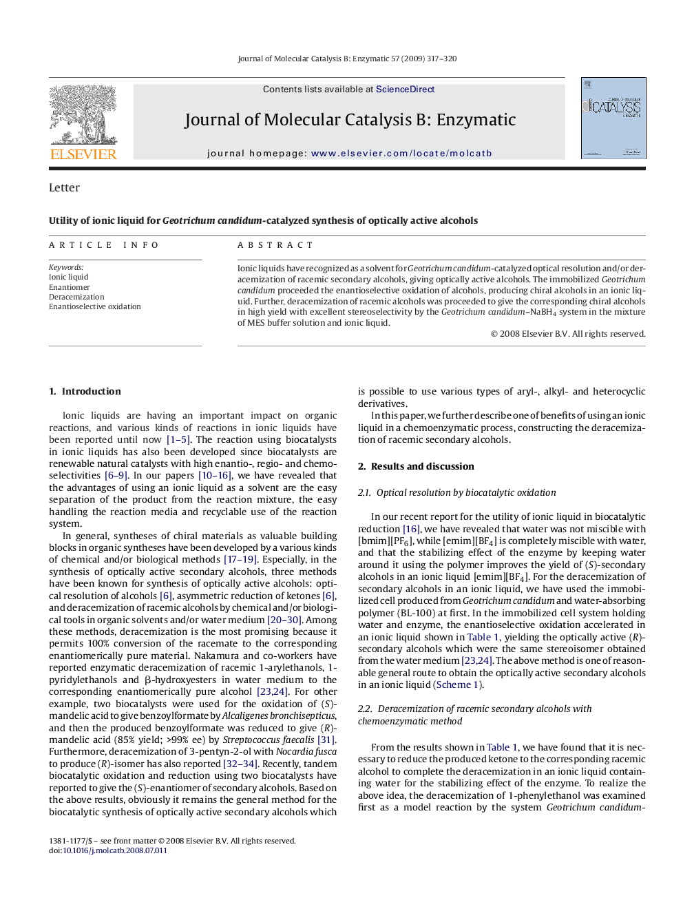 Utility of ionic liquid for Geotrichum candidum-catalyzed synthesis of optically active alcohols