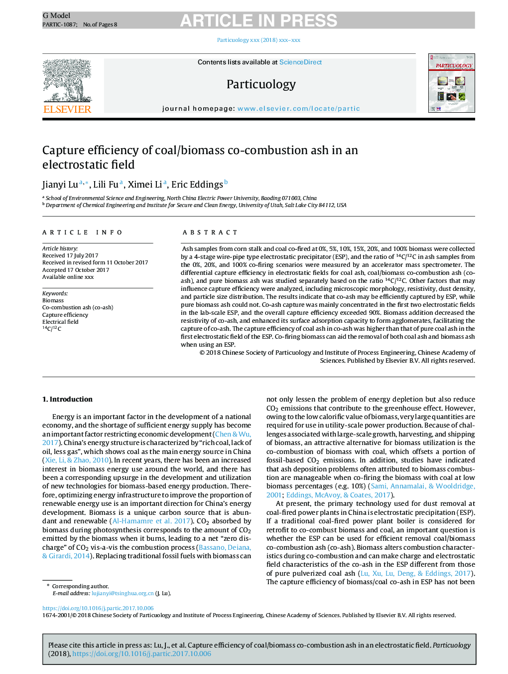 Capture efficiency of coal/biomass co-combustion ash in an electrostatic field