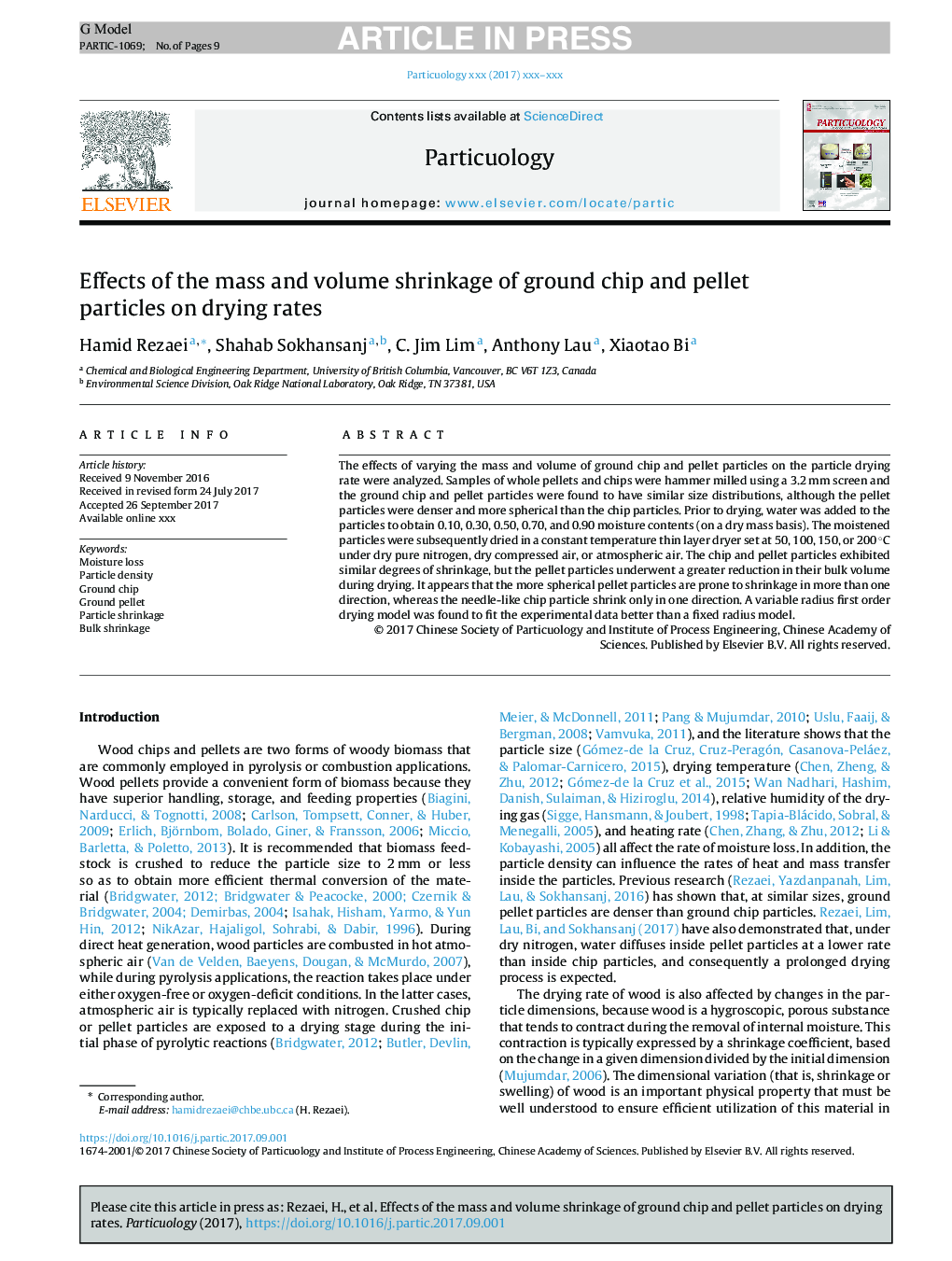 Effects of the mass and volume shrinkage of ground chip and pellet particles on drying rates