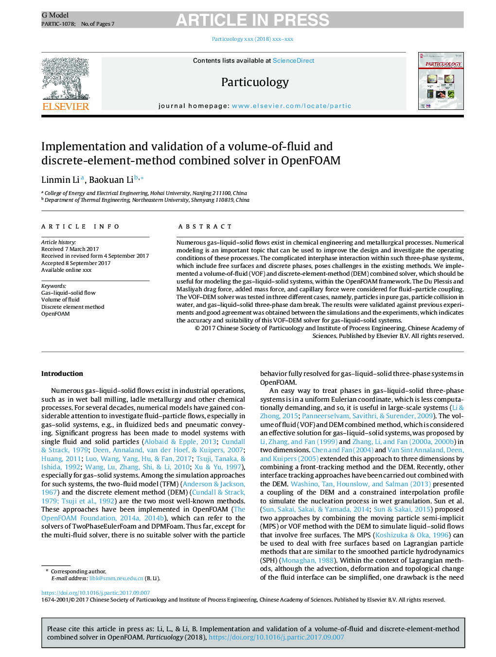 Implementation and validation of a volume-of-fluid and discrete-element-method combined solver in OpenFOAM