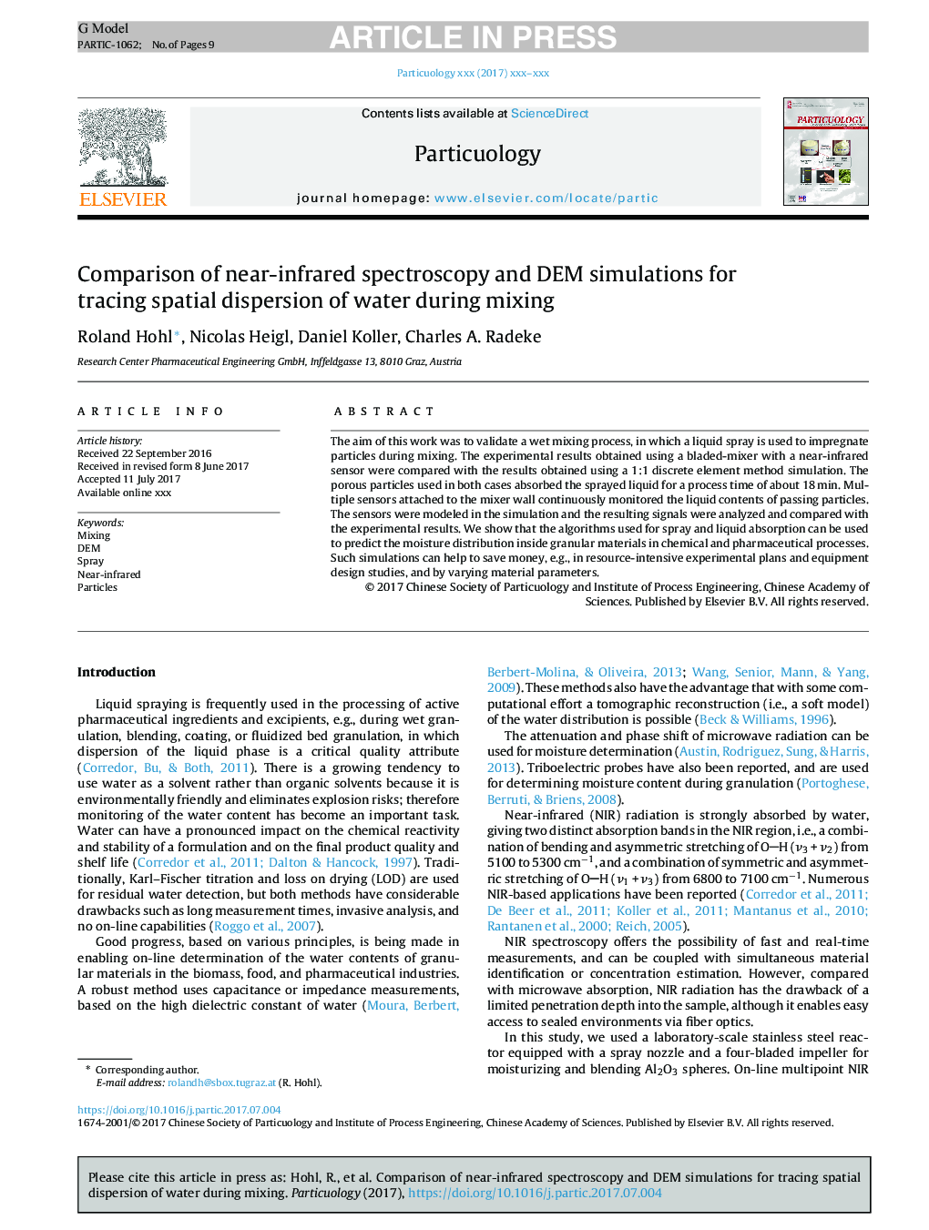 Comparison of near-infrared spectroscopy and DEM simulations for tracing spatial dispersion of water during mixing