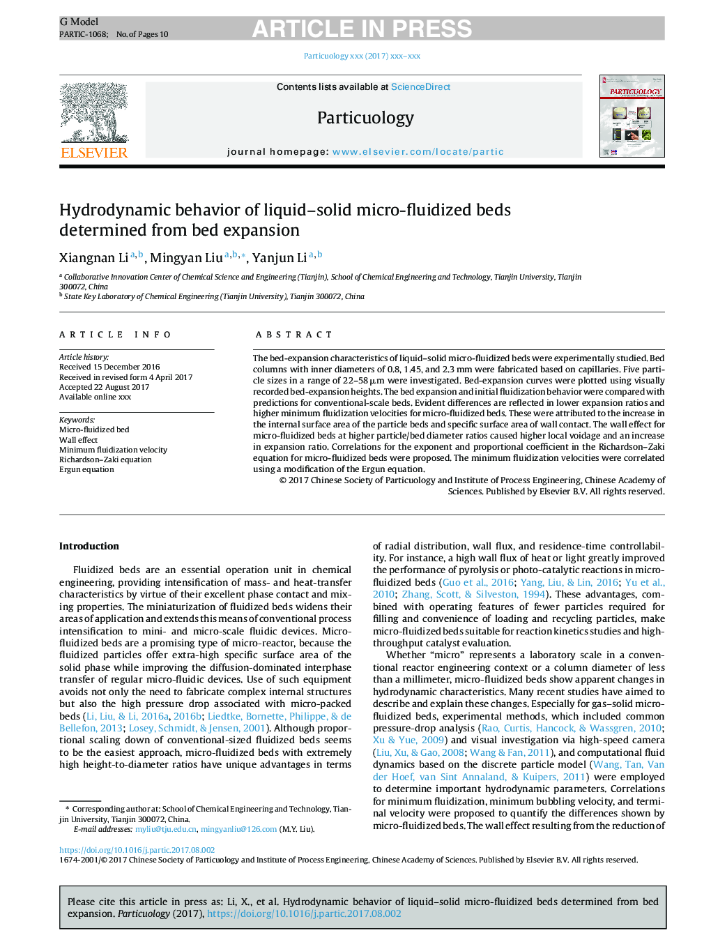 Hydrodynamic behavior of liquid-solid micro-fluidized beds determined from bed expansion