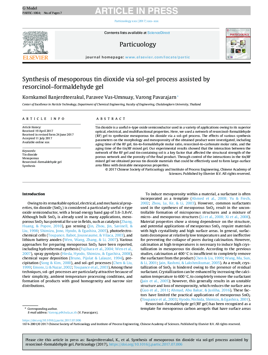 Synthesis of mesoporous tin dioxide via sol-gel process assisted by resorcinol-formaldehyde gel