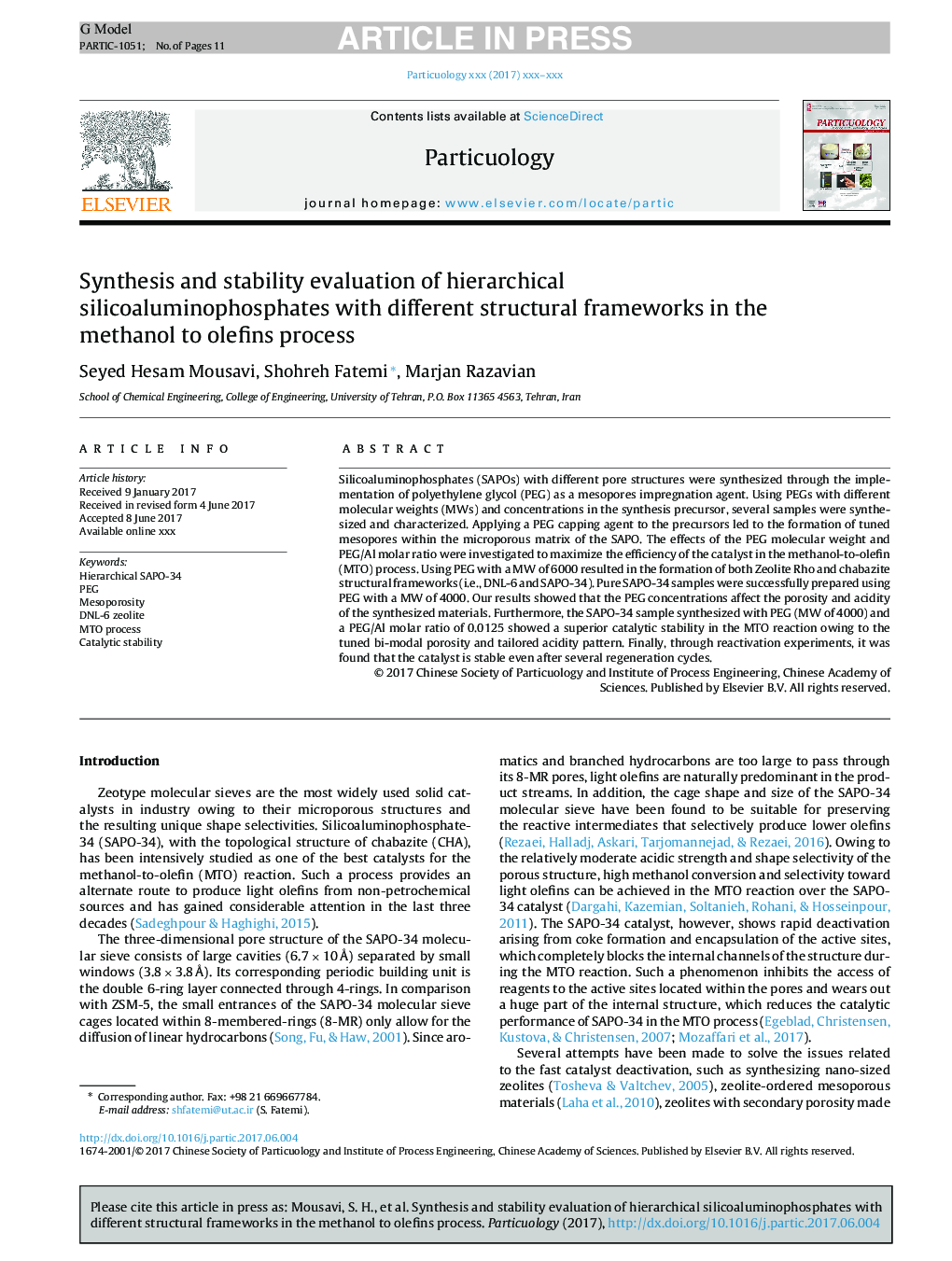 سنتز و ارزیابی ثبات سیلیکا آلومینوفسفات سلولی با ساختارهای ساختاری مختلف در فرآیند متانول به الفین 