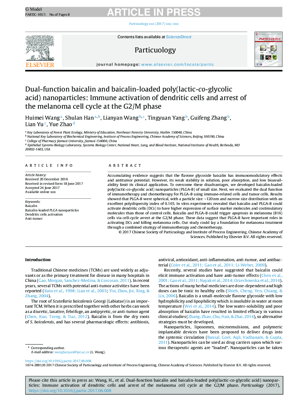 Dual-function baicalin and baicalin-loaded poly(lactic-co-glycolic acid) nanoparticles: Immune activation of dendritic cells and arrest of the melanoma cell cycle at the G2/M phase