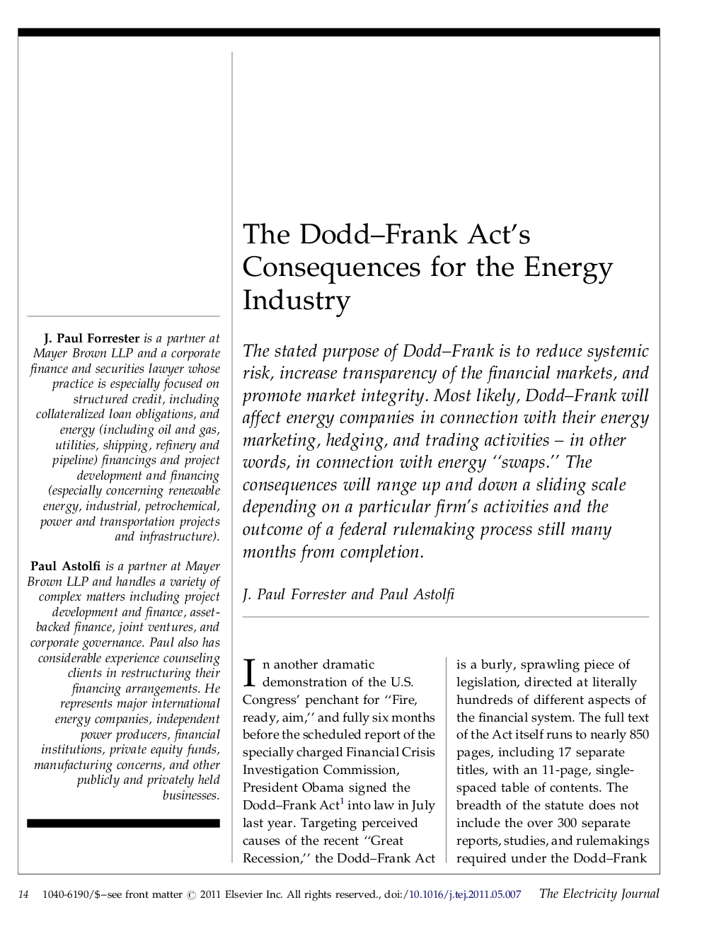 عکس صفحه اول مقاله: The Dodd–Frank Act's Consequences for the Energy Industry The Dodd–Frank Act's Consequences for the Energy Industry