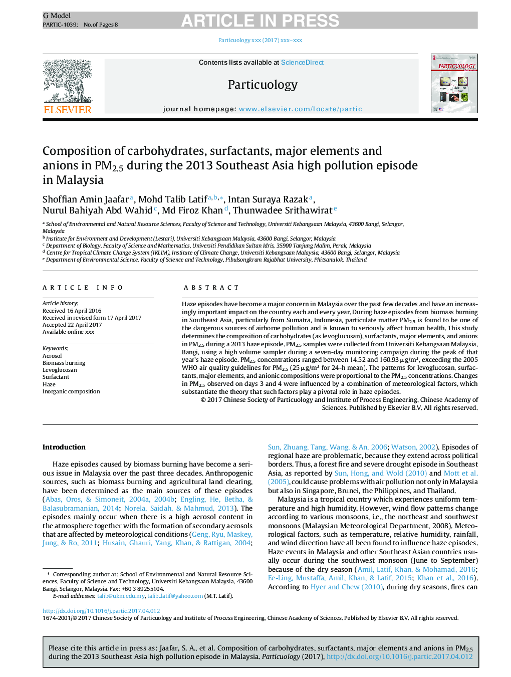 Composition of carbohydrates, surfactants, major elements and anions in PM2.5 during the 2013 Southeast Asia high pollution episode in Malaysia