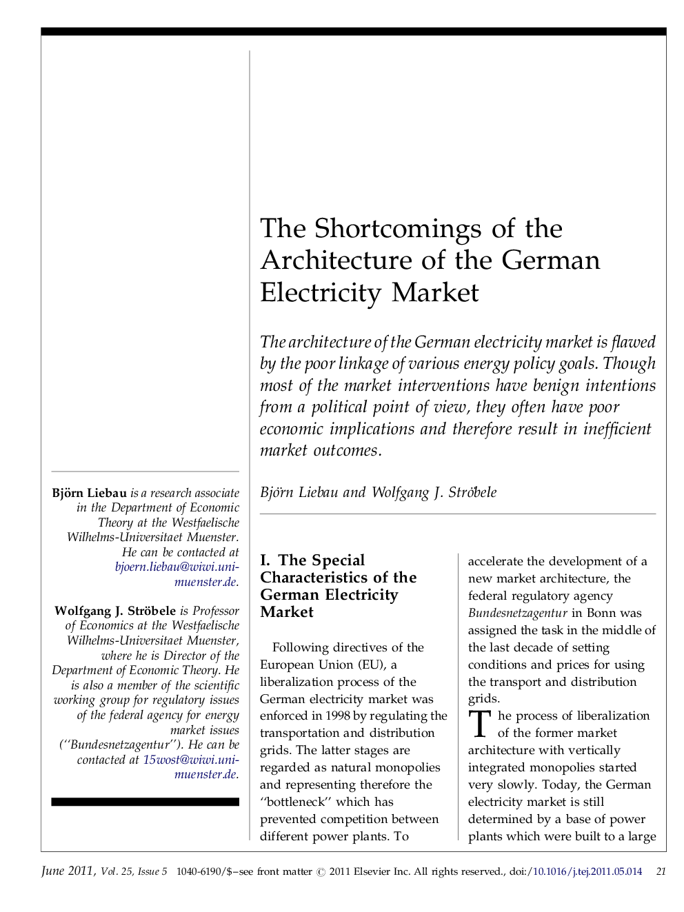 عکس صفحه اول مقاله: The Shortcomings of the Architecture of the German Electricity Market The Shortcomings of the Architecture of the German Electricity Market