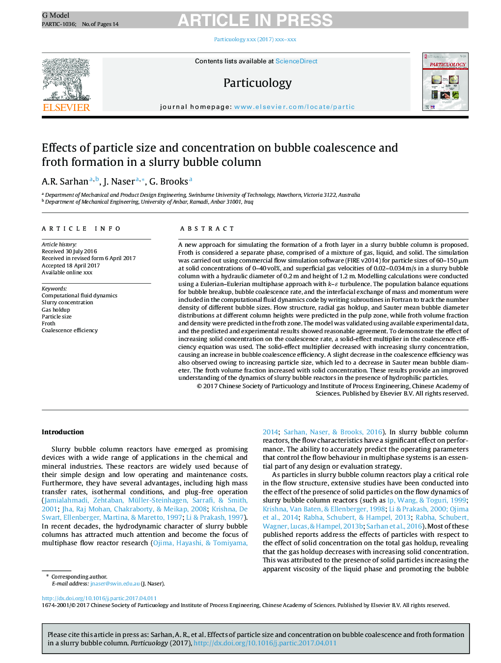 Effects of particle size and concentration on bubble coalescence and froth formation in a slurry bubble column