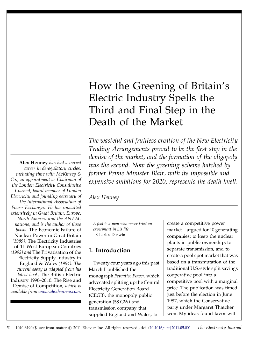 عکس صفحه اول مقاله: How the Greening of Britain's Electric Industry Spells the Third and Final Step in the Death of the Market How the Greening of Britain's Electric Industry Spells the Third and Final Step in the Death of the Market
