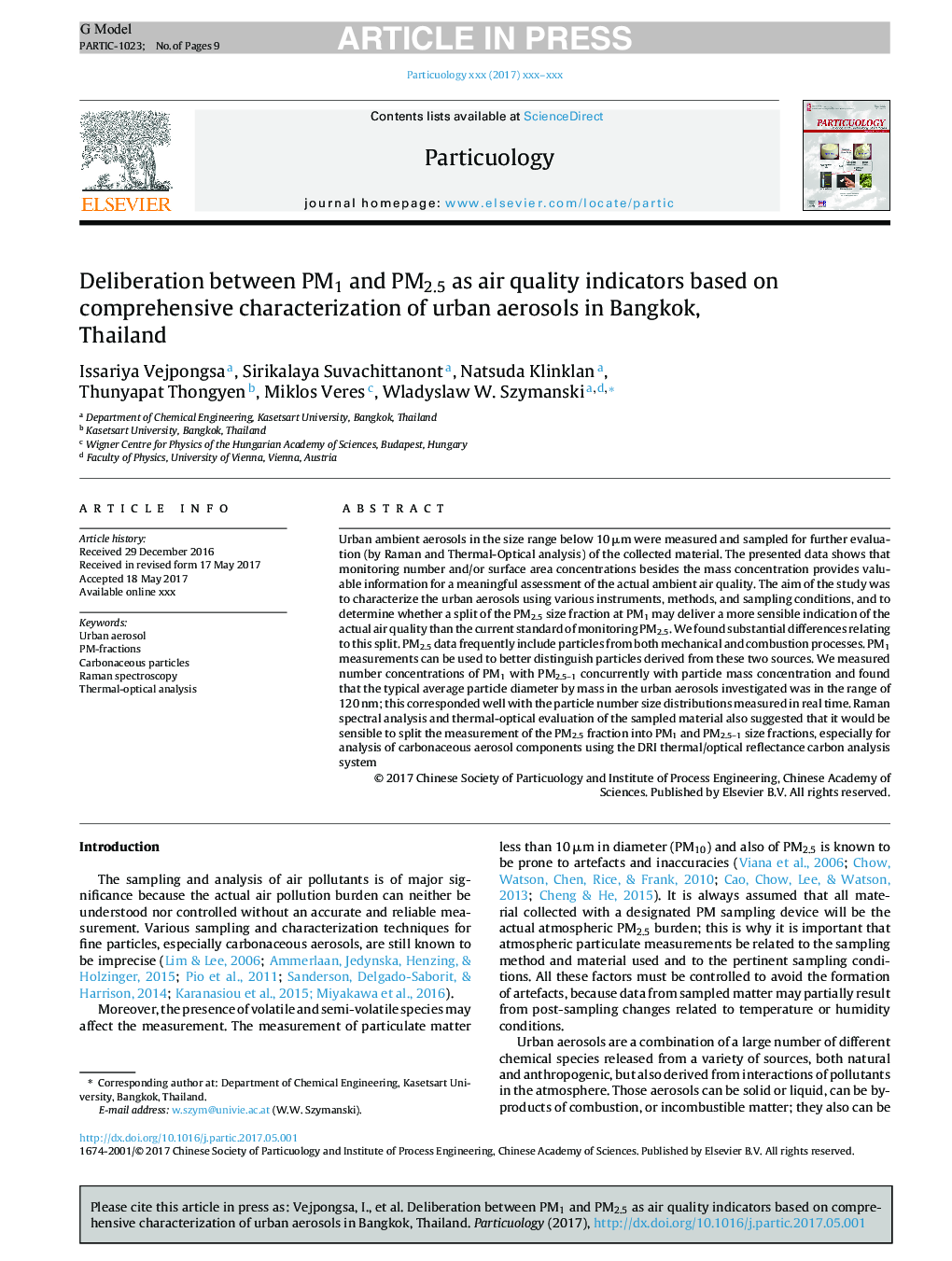 Deliberation between PM1 and PM2.5 as air quality indicators based on comprehensive characterization of urban aerosols in Bangkok, Thailand