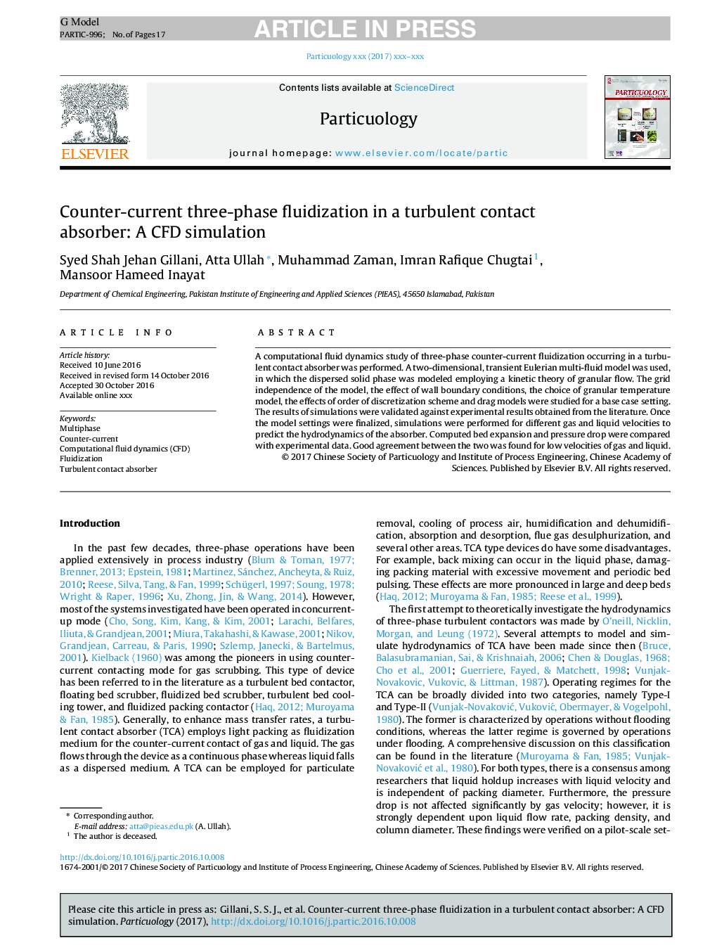 Counter-current three-phase fluidization in a turbulent contact absorber: A CFD simulation