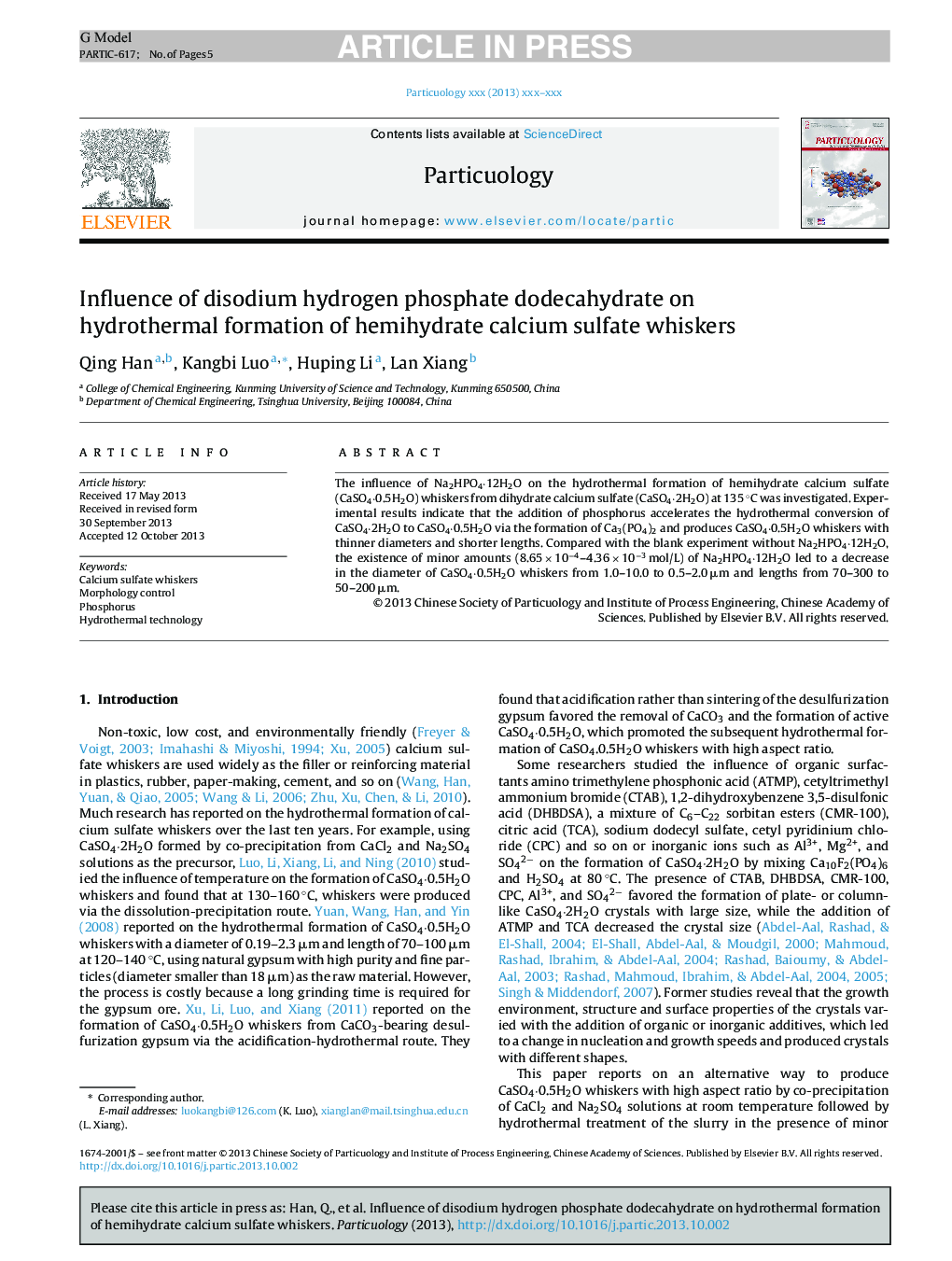 Influence of disodium hydrogen phosphate dodecahydrate on hydrothermal formation of hemihydrate calcium sulfate whiskers