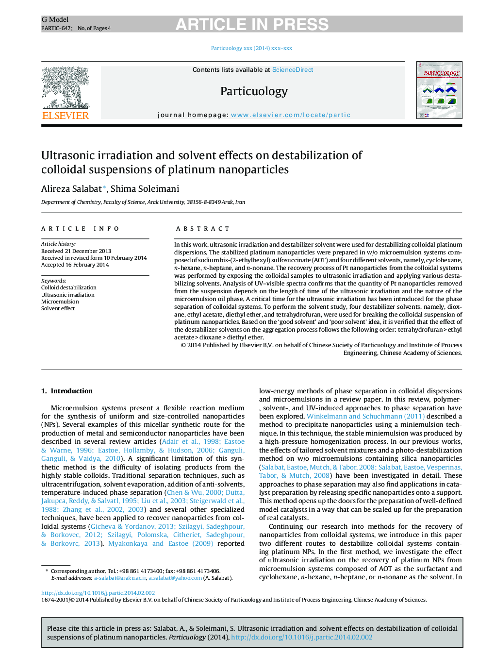 Ultrasonic irradiation and solvent effects on destabilization of colloidal suspensions of platinum nanoparticles
