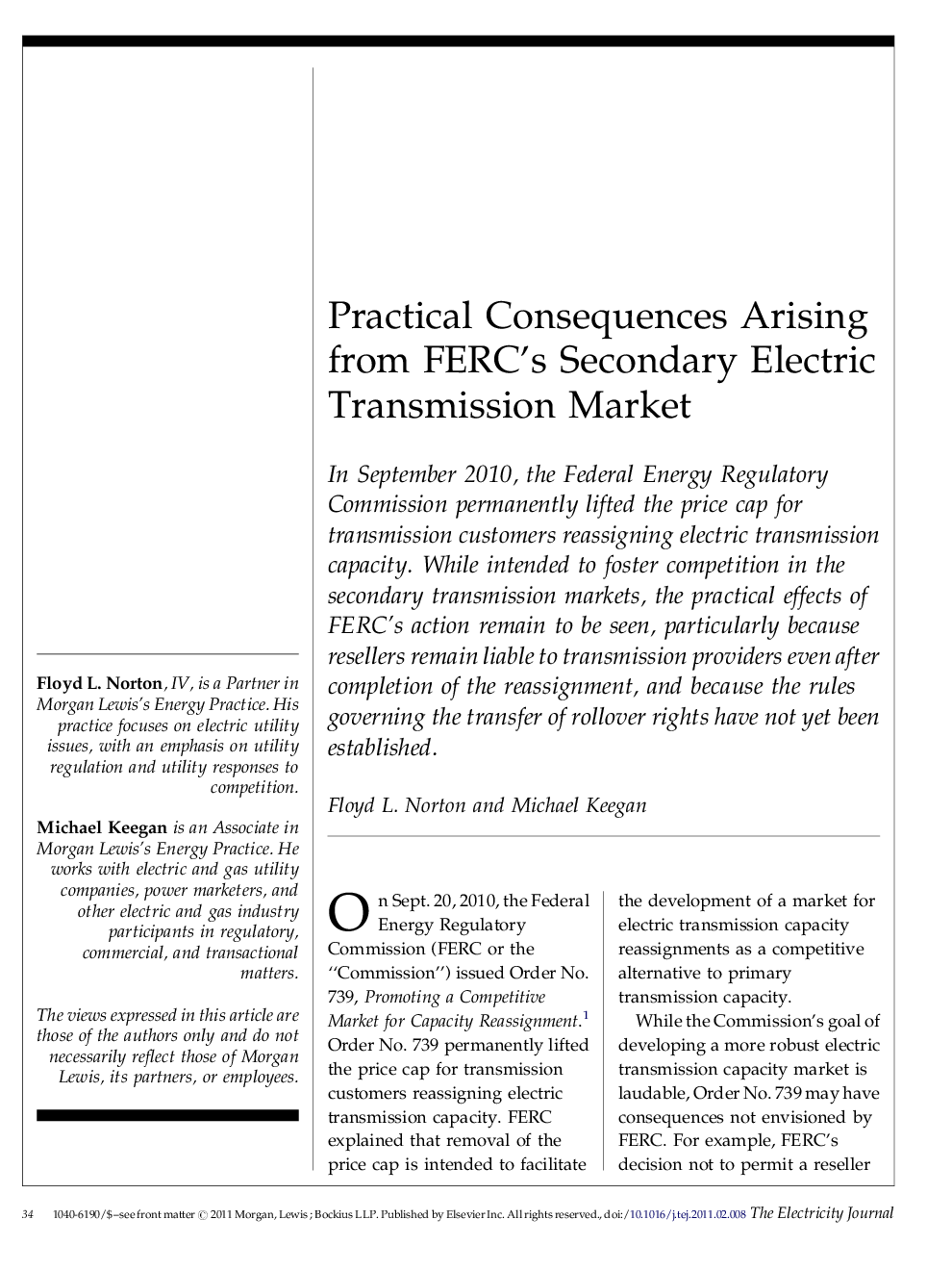 Practical Consequences Arising from FERC's Secondary Electric Transmission Market