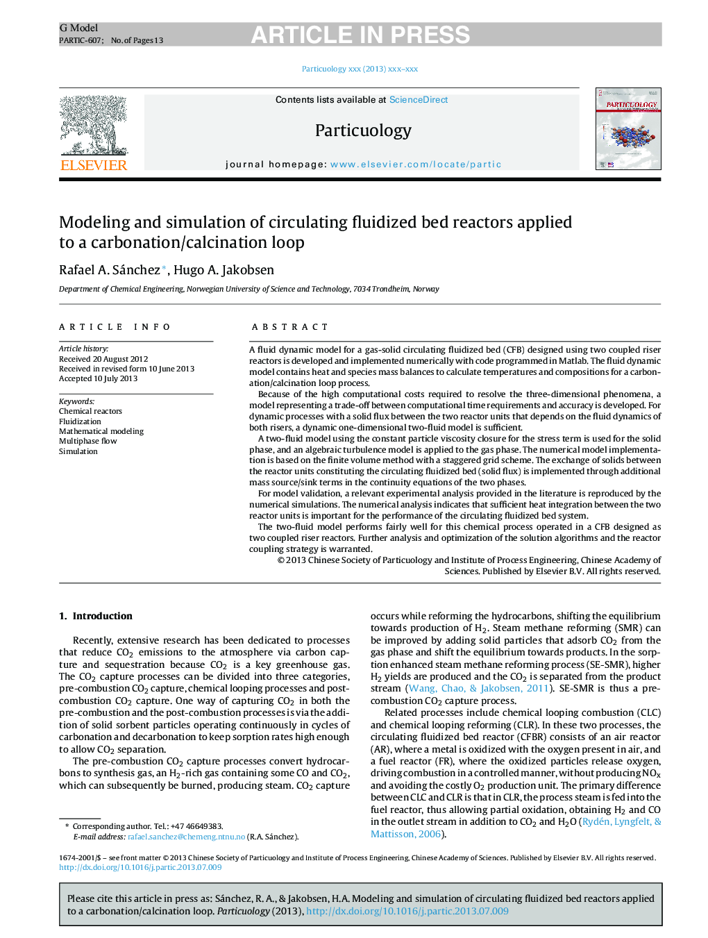 Modeling and simulation of circulating fluidized bed reactors applied to a carbonation/calcination loop