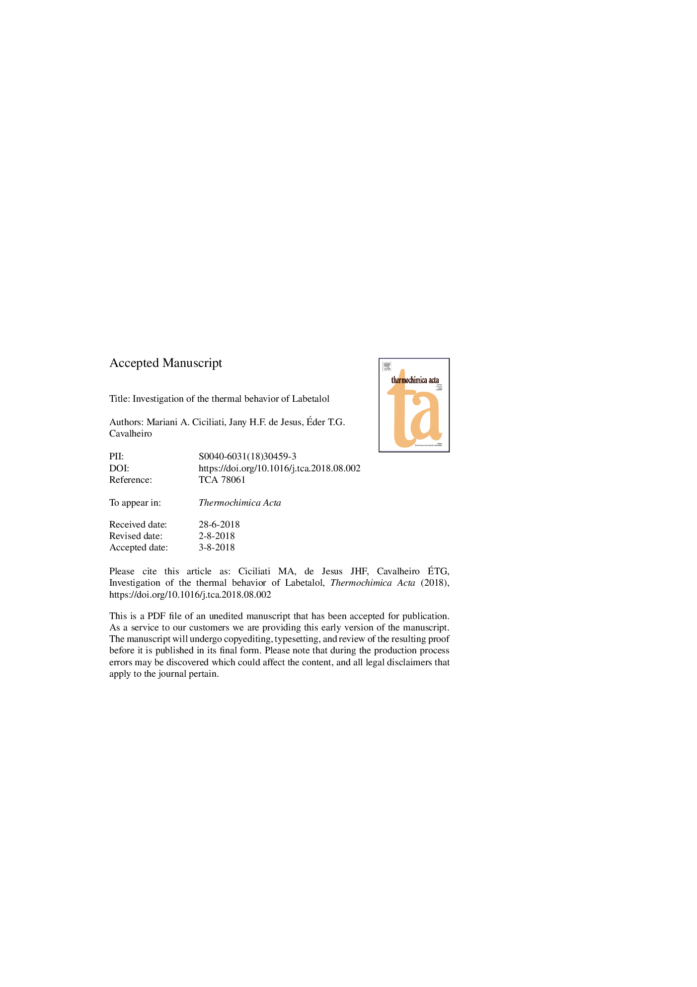 Investigation of the thermal behavior of Labetalol