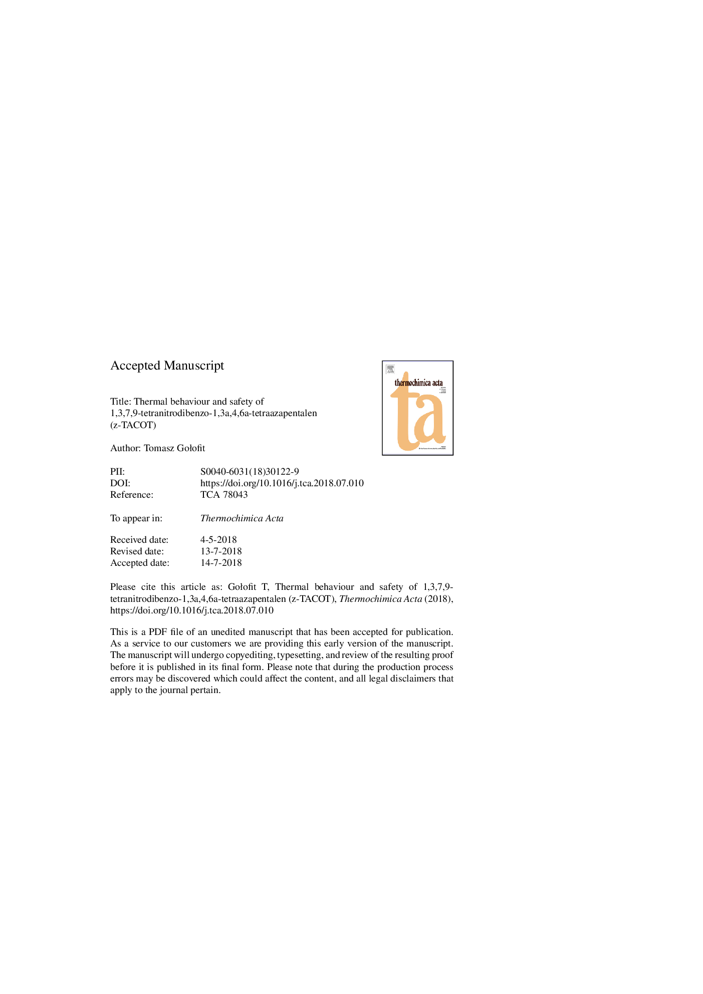 Thermal behaviour and safety of 1,3,7,9-tetranitrodibenzo-1,3a,4,6a-tetraazapentalen (z-TACOT)