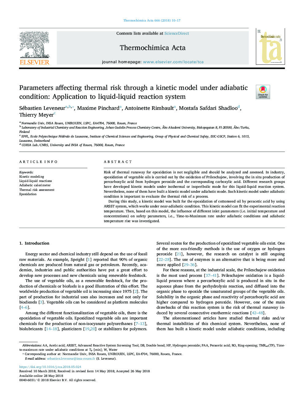 Parameters affecting thermal risk through a kinetic model under adiabatic condition: Application to liquid-liquid reaction system