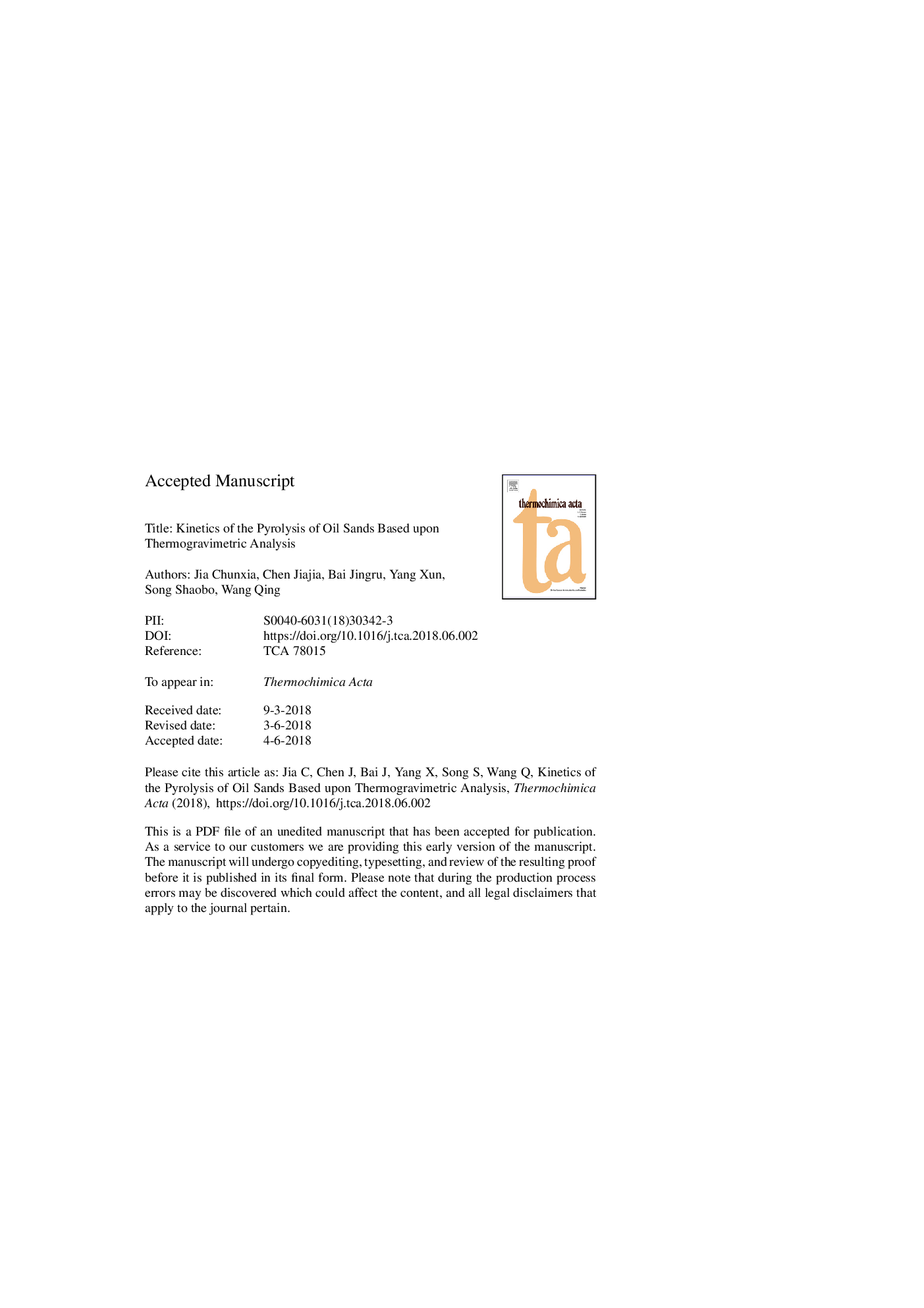 Kinetics of the pyrolysis of oil sands based upon thermogravimetric analysis