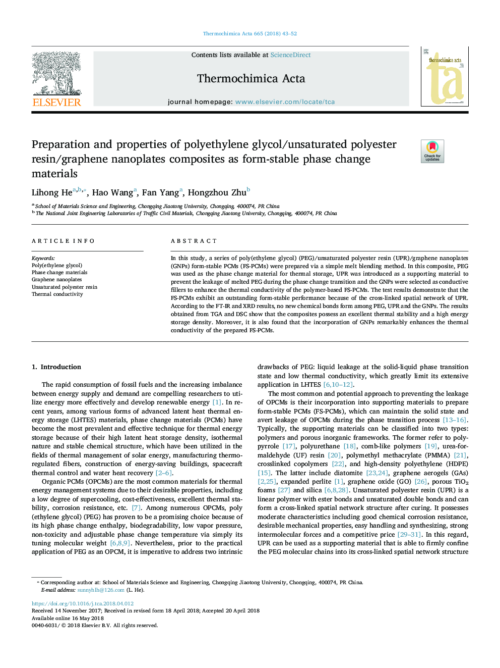 Preparation and properties of polyethylene glycol/unsaturated polyester resin/graphene nanoplates composites as form-stable phase change materials