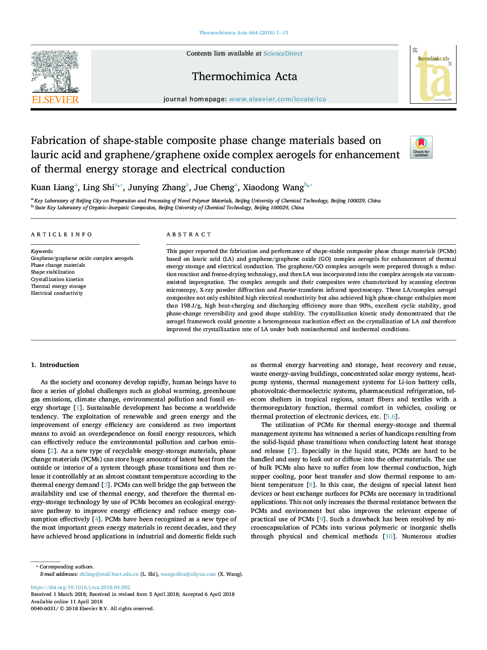 Fabrication of shape-stable composite phase change materials based on lauric acid and graphene/graphene oxide complex aerogels for enhancement of thermal energy storage and electrical conduction