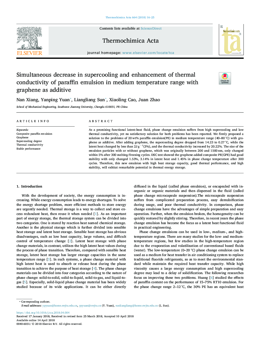 Simultaneous decrease in supercooling and enhancement of thermal conductivity of paraffin emulsion in medium temperature range with graphene as additive