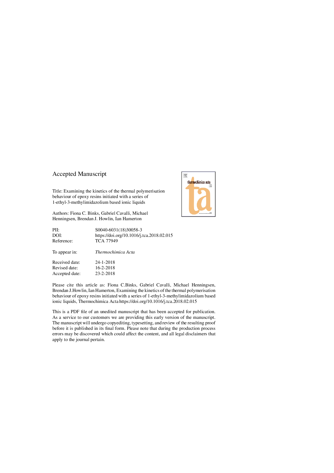 Examining the kinetics of the thermal polymerisation behaviour of epoxy resins initiated with a series of 1-ethyl-3-methylimidazolium based ionic liquids