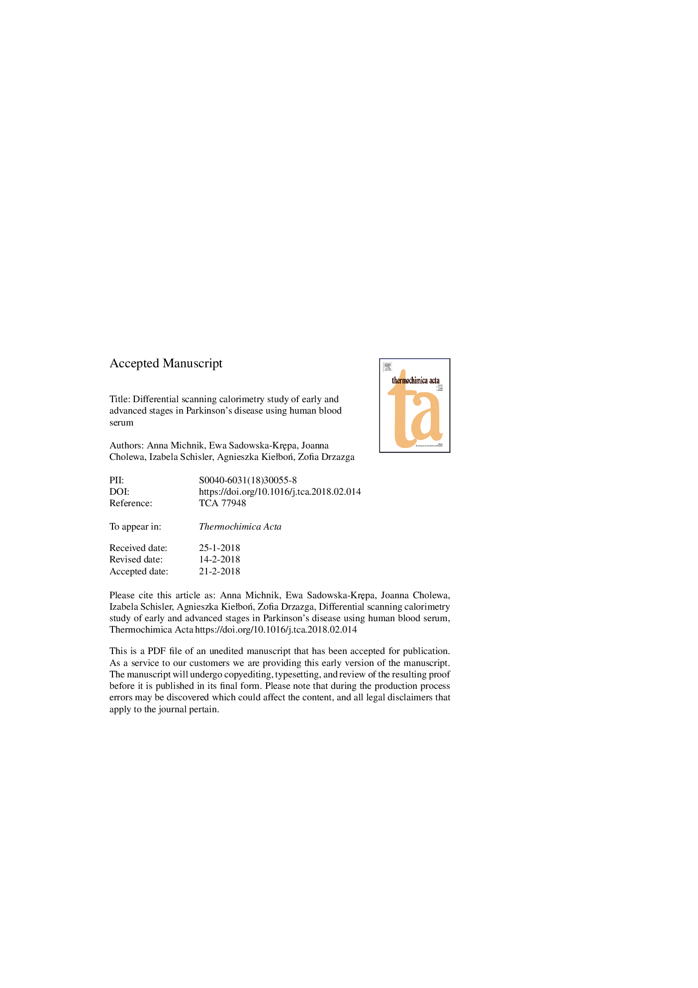 Differential scanning calorimetry study of early and advanced stages in Parkinson's disease using human blood serum