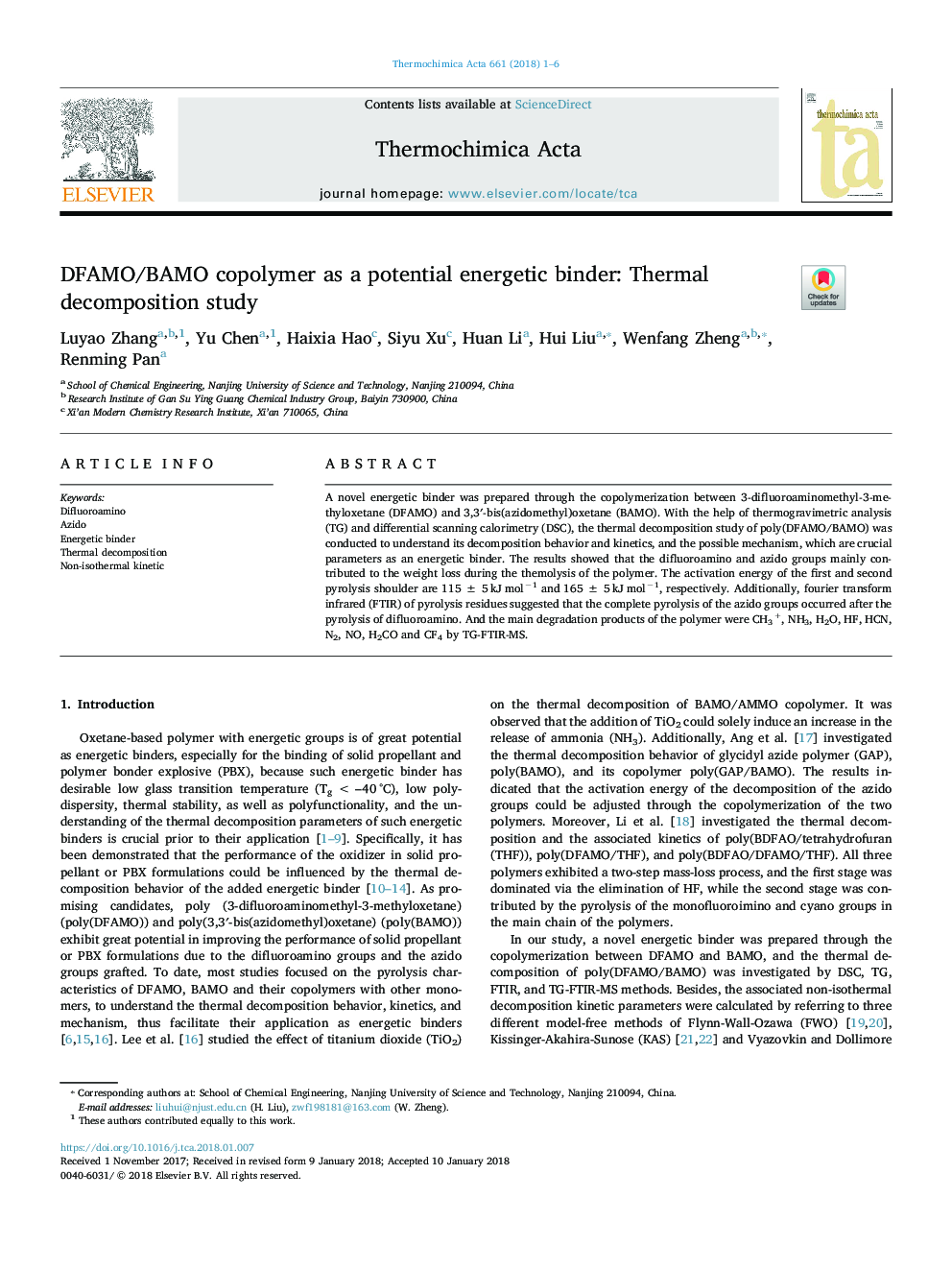 DFAMO/BAMO copolymer as a potential energetic binder: Thermal decomposition study