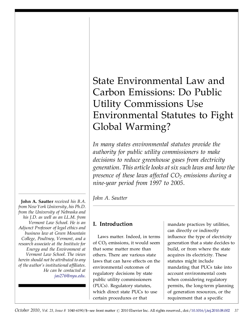 State Environmental Law and Carbon Emissions: Do Public Utility Commissions Use Environmental Statutes to Fight Global Warming?
