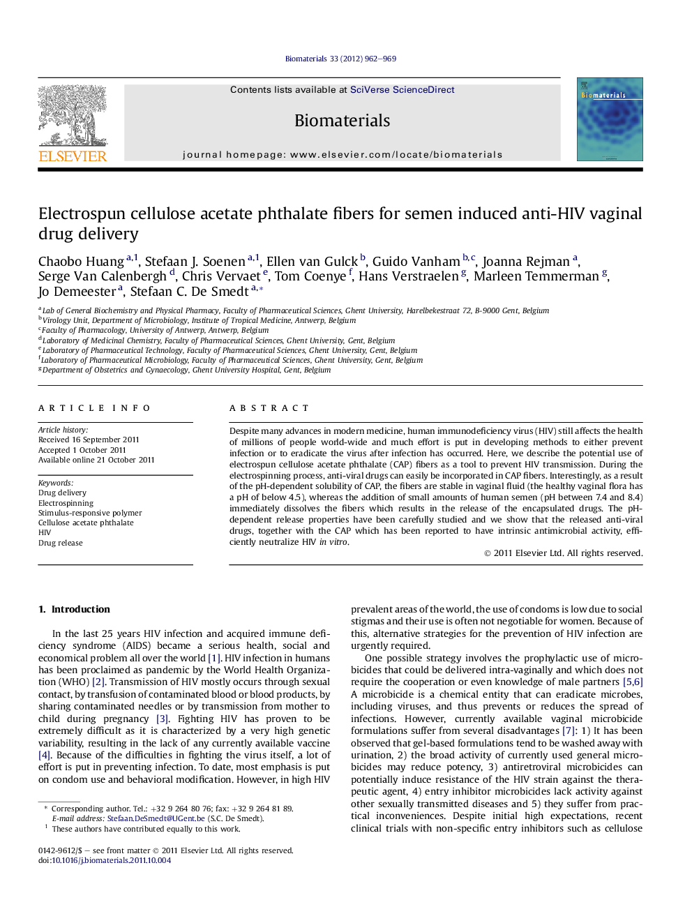 Electrospun cellulose acetate phthalate fibers for semen induced anti-HIV vaginal drug delivery