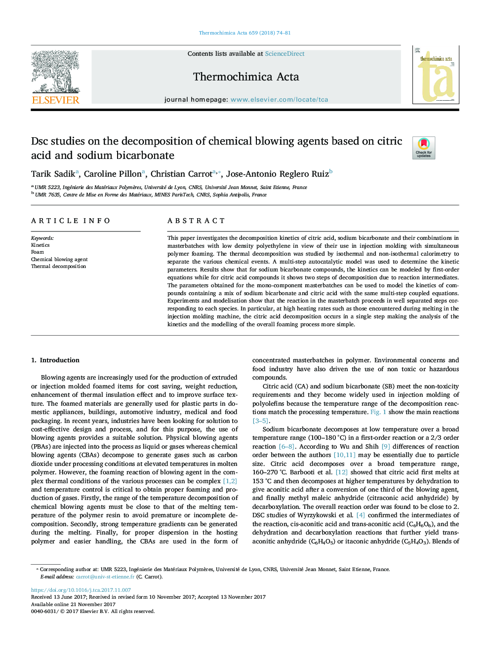 Dsc studies on the decomposition of chemical blowing agents based on citric acid and sodium bicarbonate