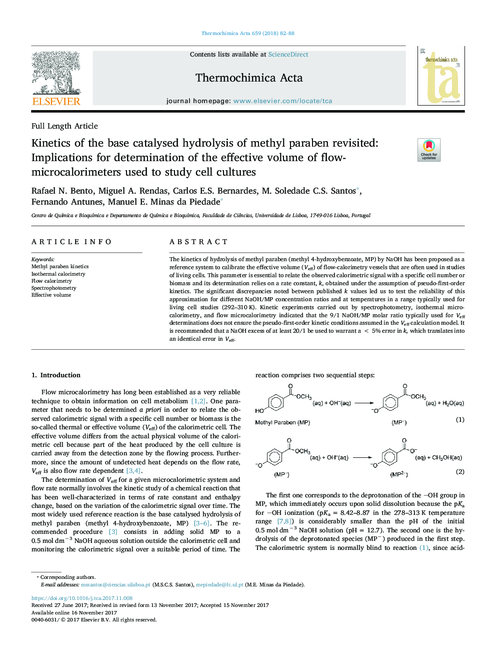 Kinetics of the base catalysed hydrolysis of methyl paraben revisited: Implications for determination of the effective volume of flow-microcalorimeters used to study cell cultures