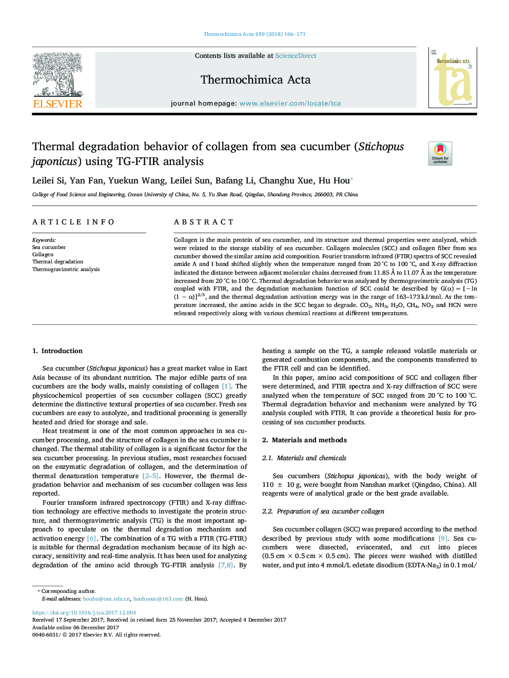 Thermal degradation behavior of collagen from sea cucumber (Stichopus japonicus) using TG-FTIR analysis