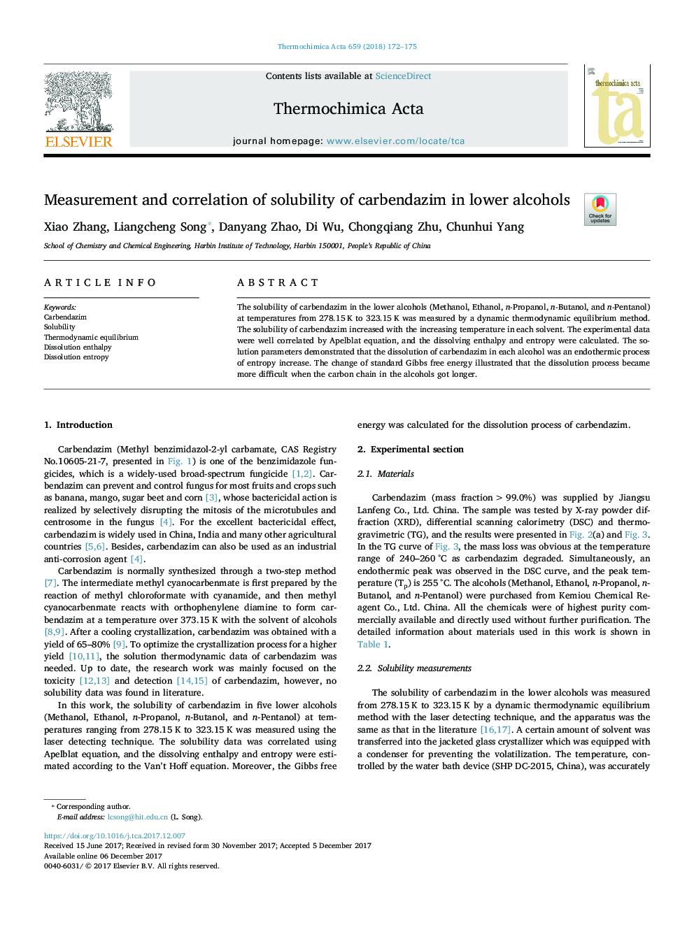 Measurement and correlation of solubility of carbendazim in lower alcohols