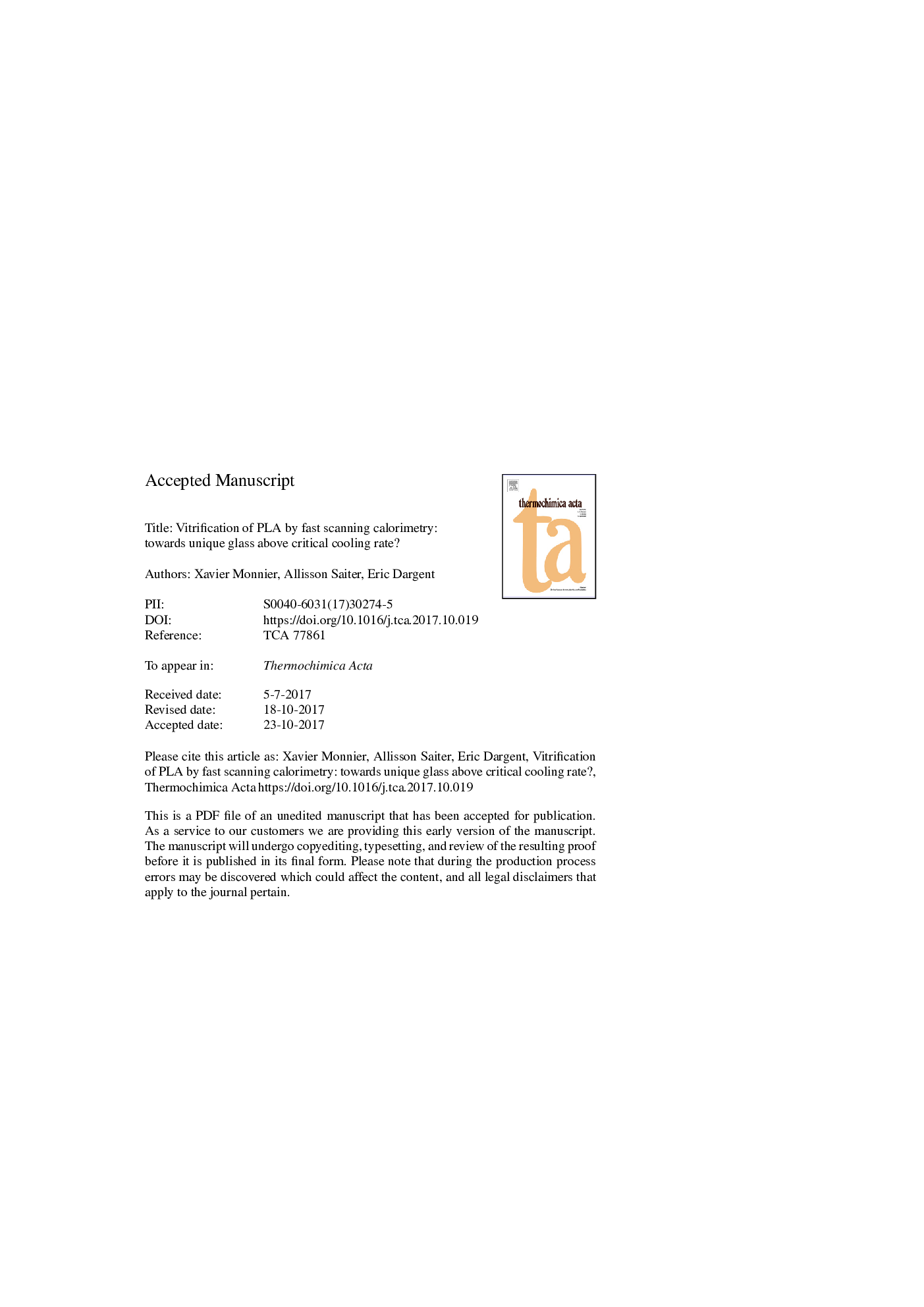 Vitrification of PLA by fast scanning calorimetry: Towards unique glass above critical cooling rate?