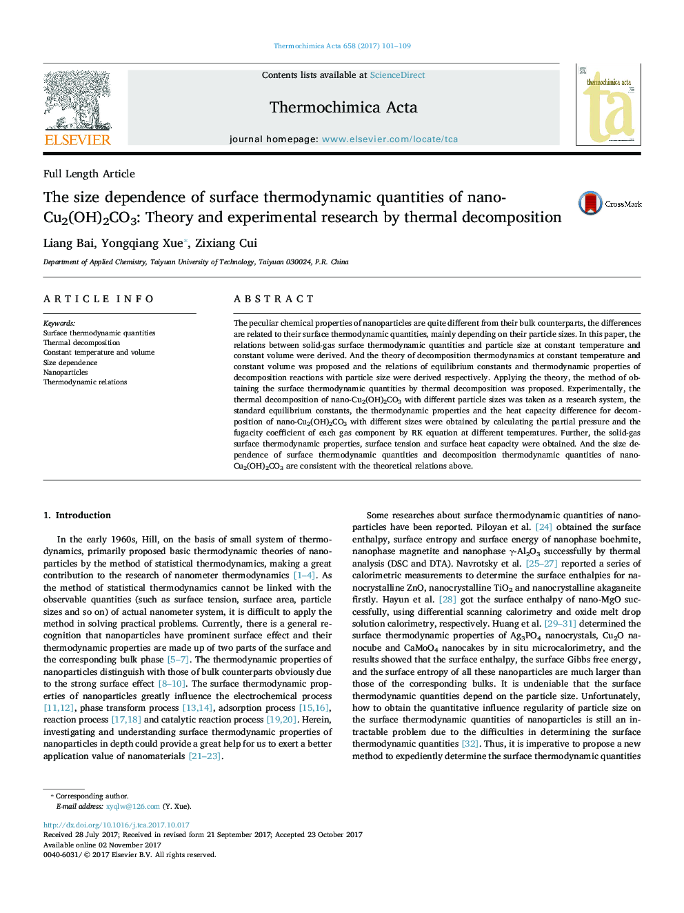 The size dependence of surface thermodynamic quantities of nano-Cu2(OH)2CO3: Theory and experimental research by thermal decomposition