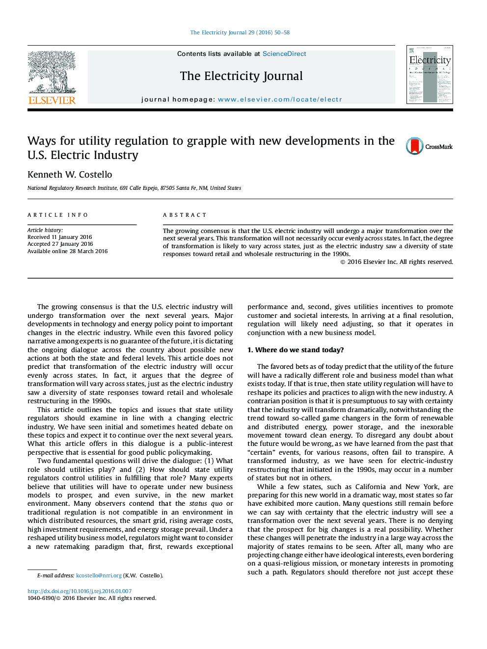 Ways for utility regulation to grapple with new developments in the U.S. Electric Industry
