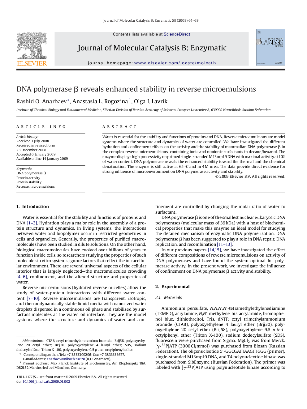 DNA polymerase Î² reveals enhanced stability in reverse microemulsions