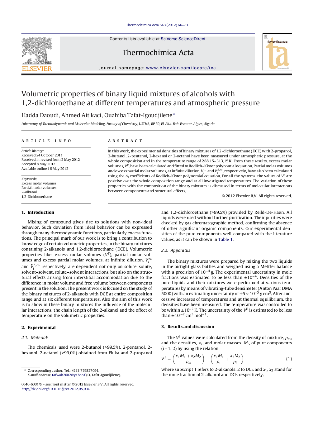 Volumetric properties of binary liquid mixtures of alcohols with 1,2-dichloroethane at different temperatures and atmospheric pressure