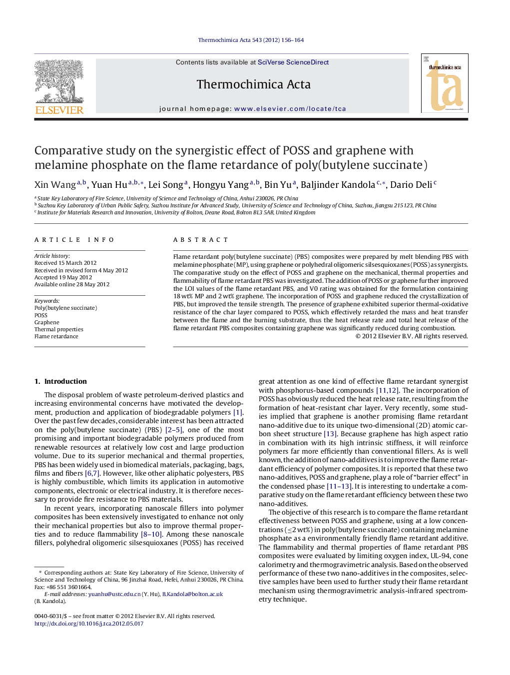 Comparative study on the synergistic effect of POSS and graphene with melamine phosphate on the flame retardance of poly(butylene succinate)