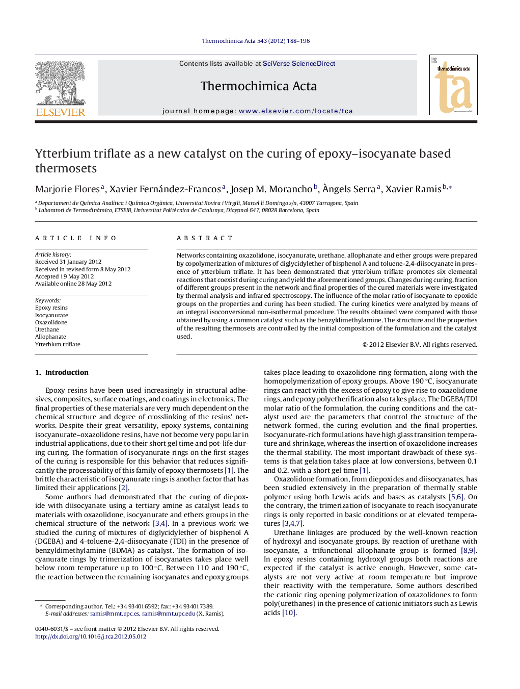 Ytterbium triflate as a new catalyst on the curing of epoxy-isocyanate based thermosets