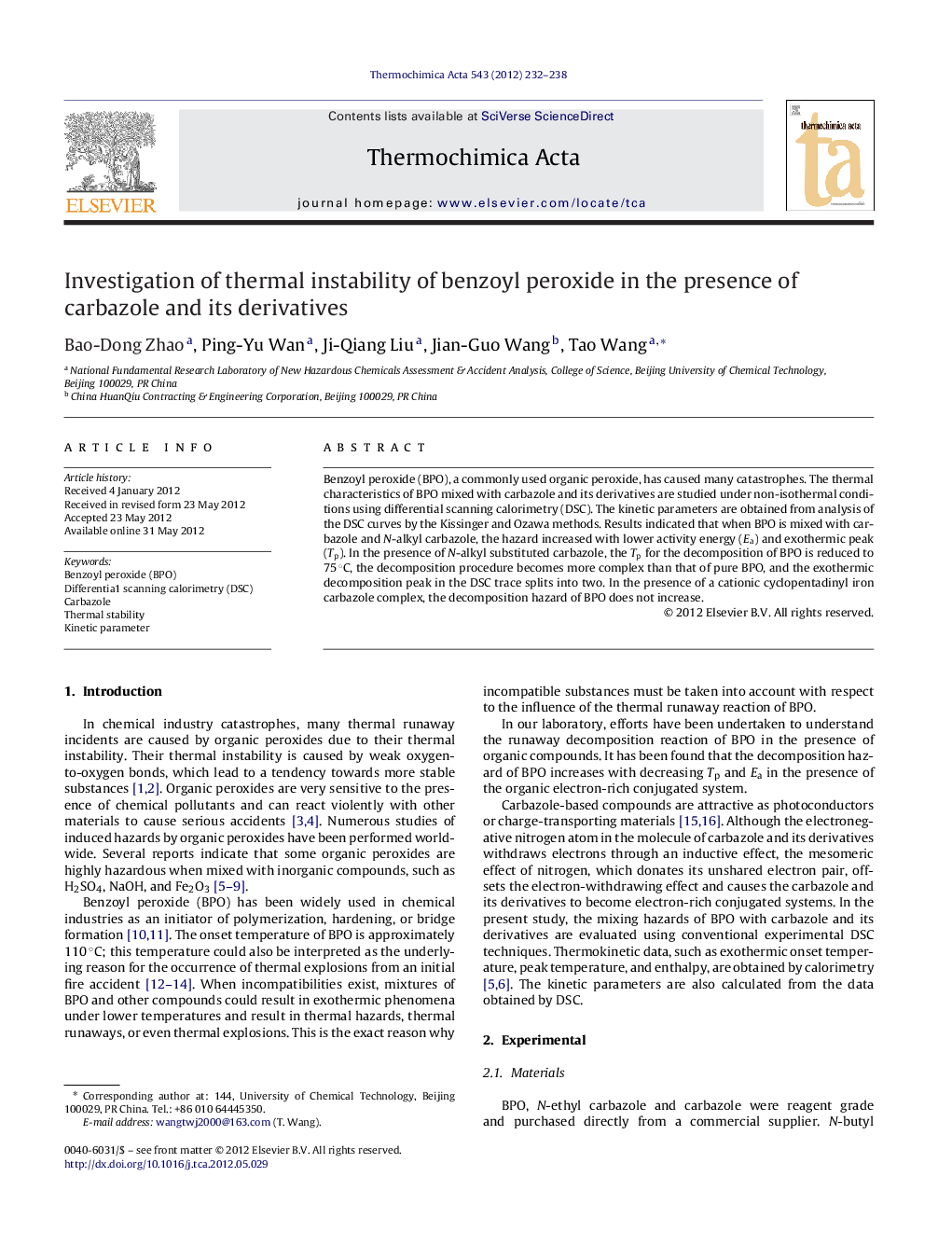 Investigation of thermal instability of benzoyl peroxide in the presence of carbazole and its derivatives